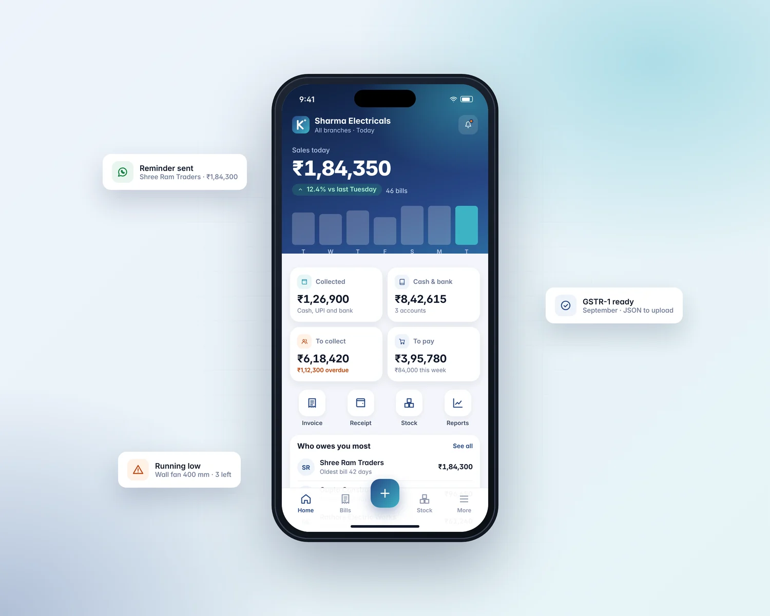 The KashGenie app on a phone: today's sales, cash and dues