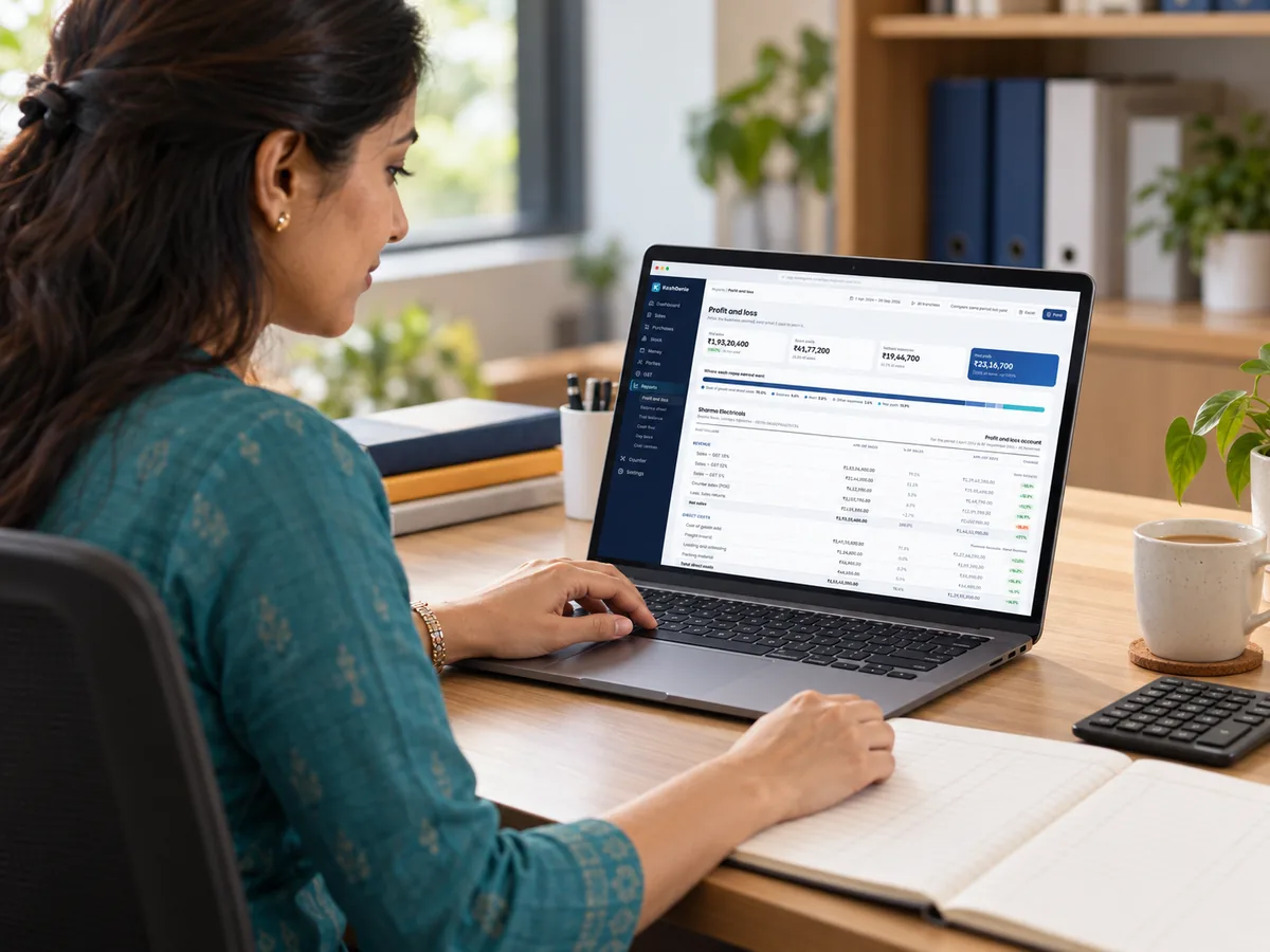 An accountant reviewing GST reports and ledgers on a laptop with a calculator