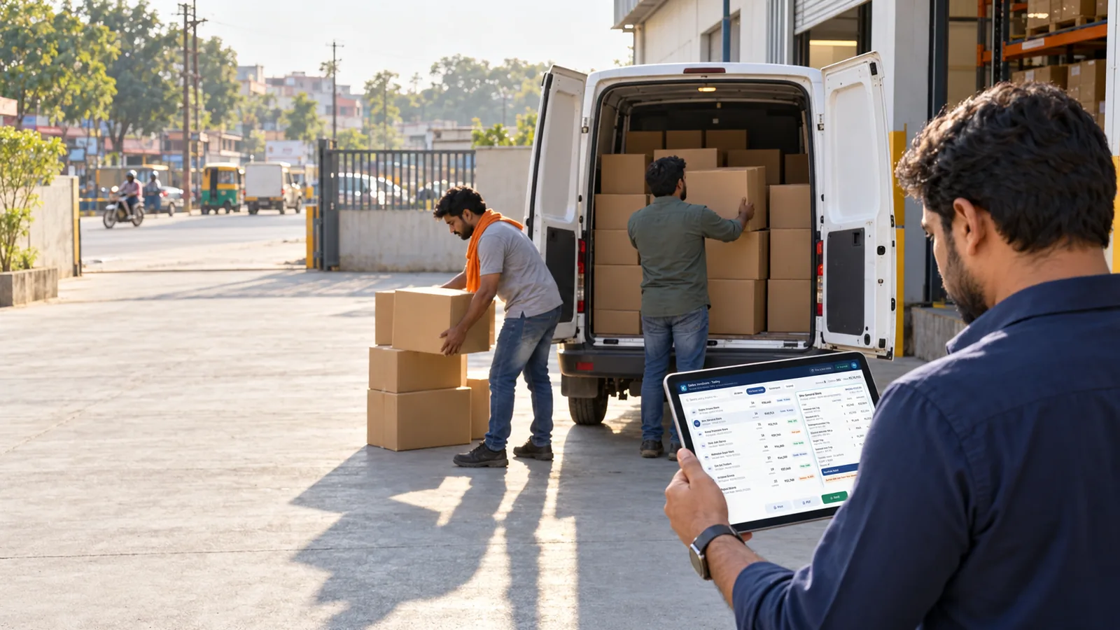 A distributor's team loading cartons into a delivery van outside a warehouse