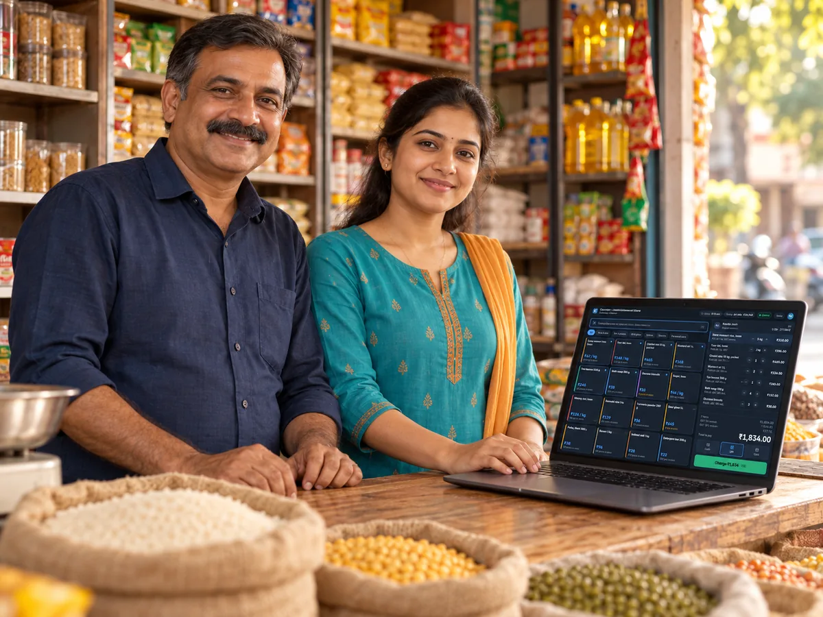 A family-run general store with well-stocked shelves and a smiling owner