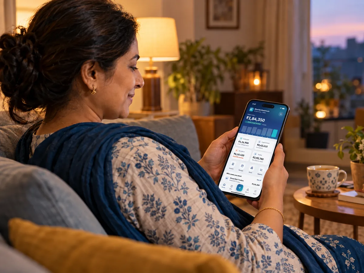 A business owner checking today's sales and dues on a phone in the evening