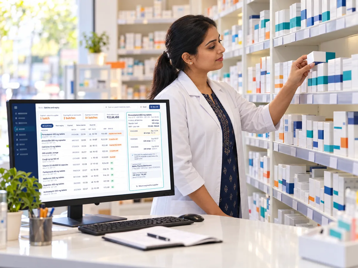 A pharmacist taking a medicine box from neat shelves, batch and expiry labels visible