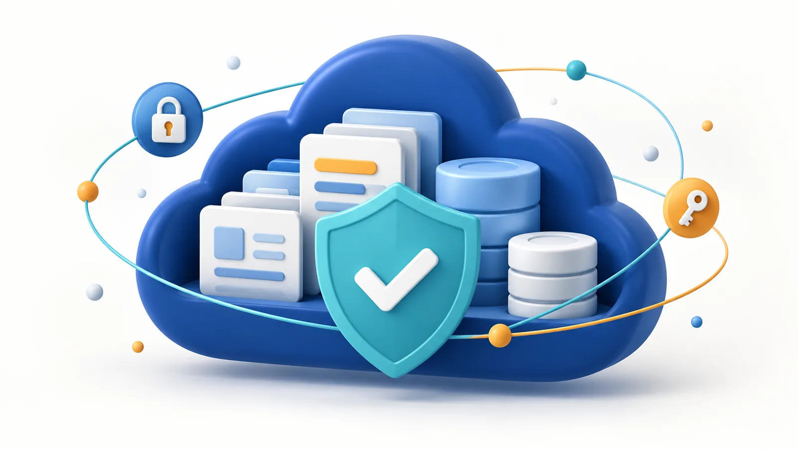 An abstract illustration of protected business data in the cloud, in navy and teal
