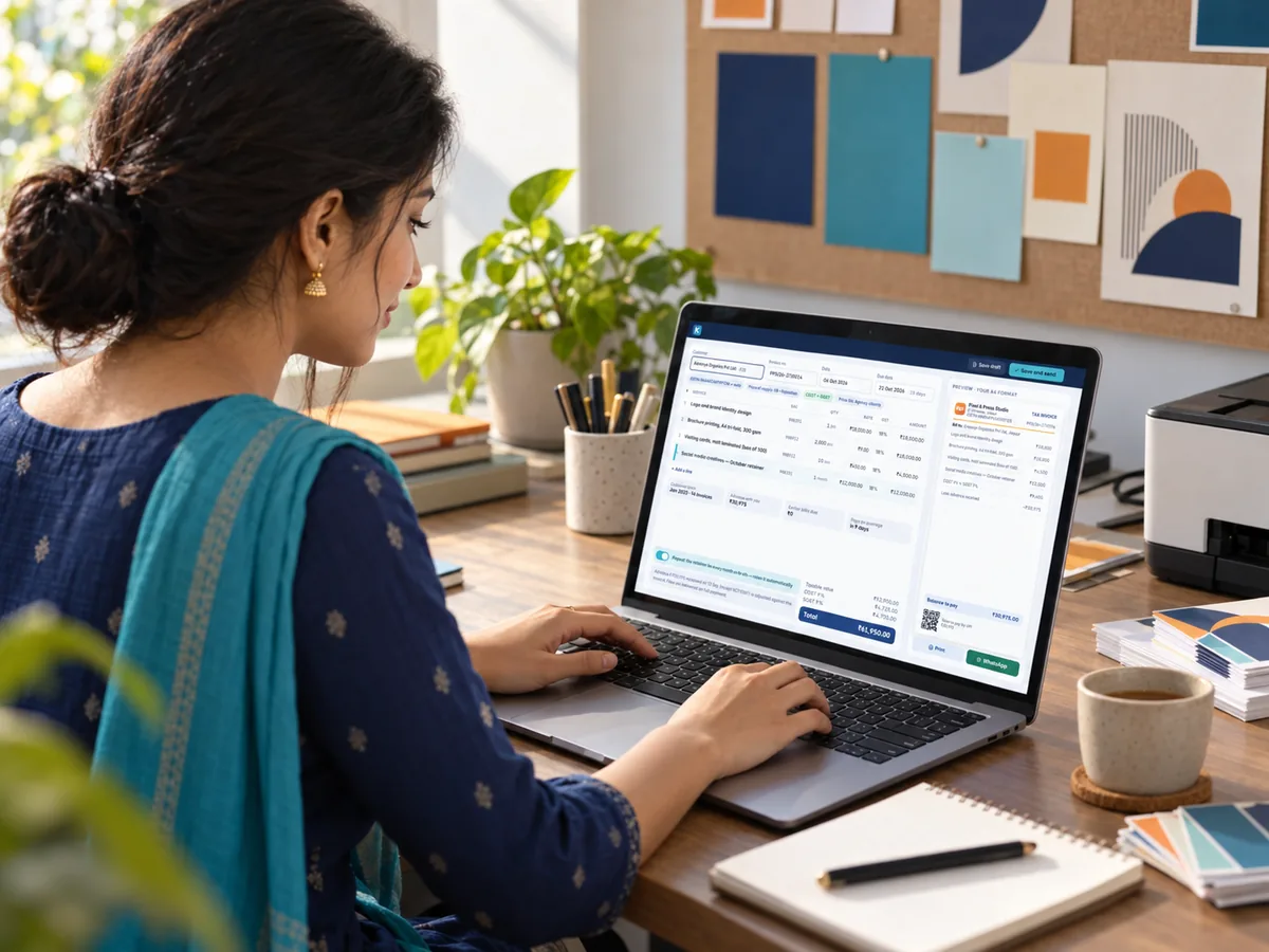 A service business owner raising an invoice at a small office desk