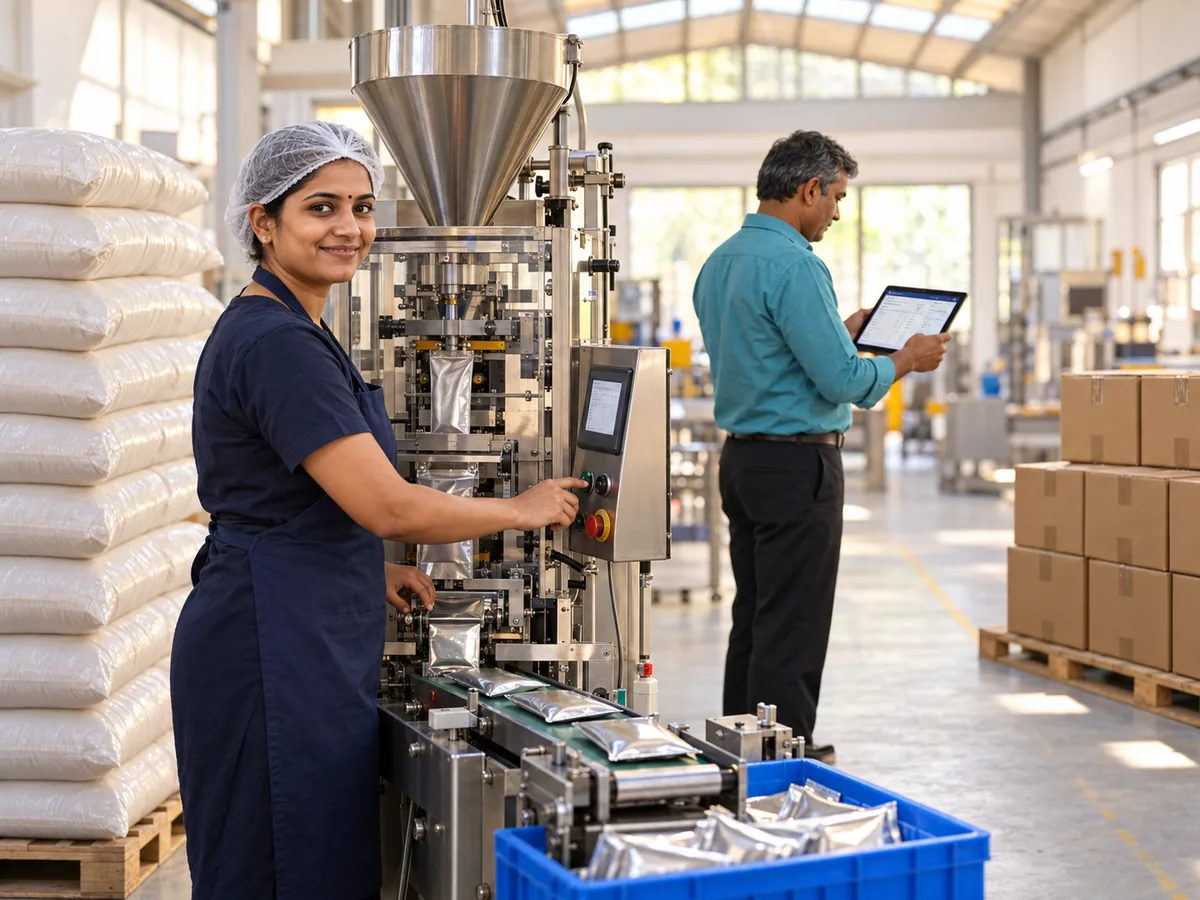 A small manufacturing unit: a worker at a machine with raw material and finished cartons