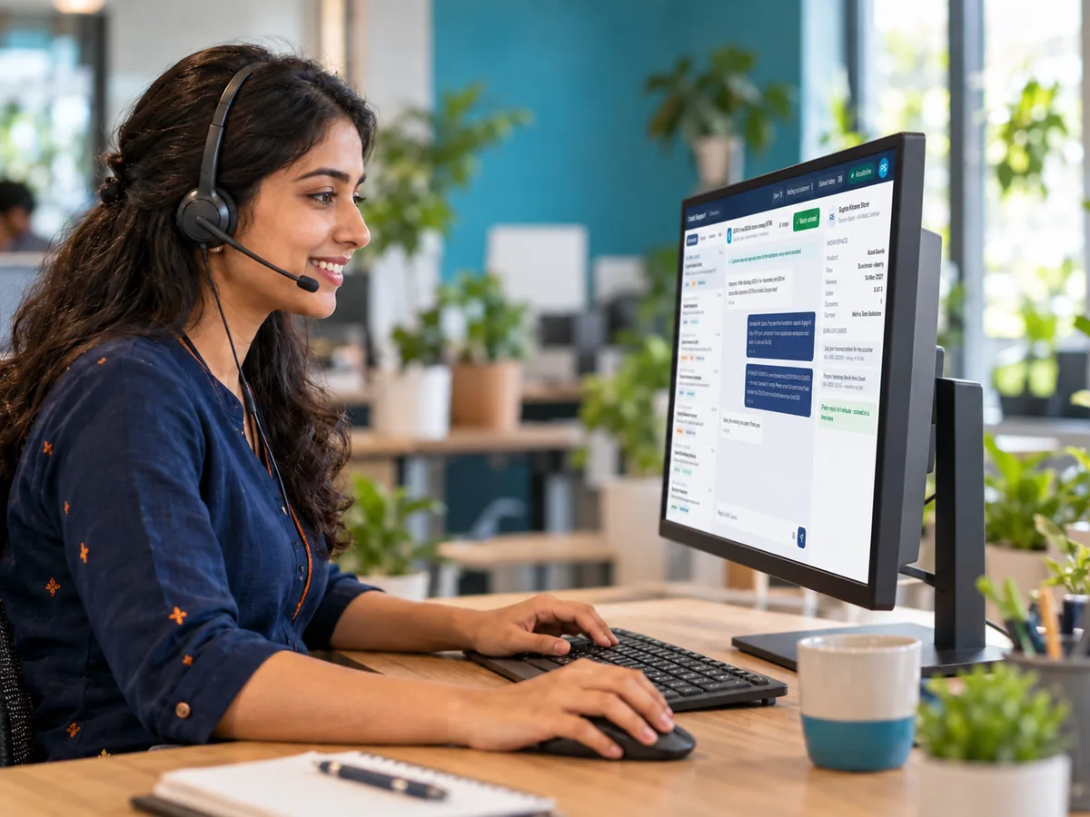 A friendly support executive with a headset helping a customer, a chat window open