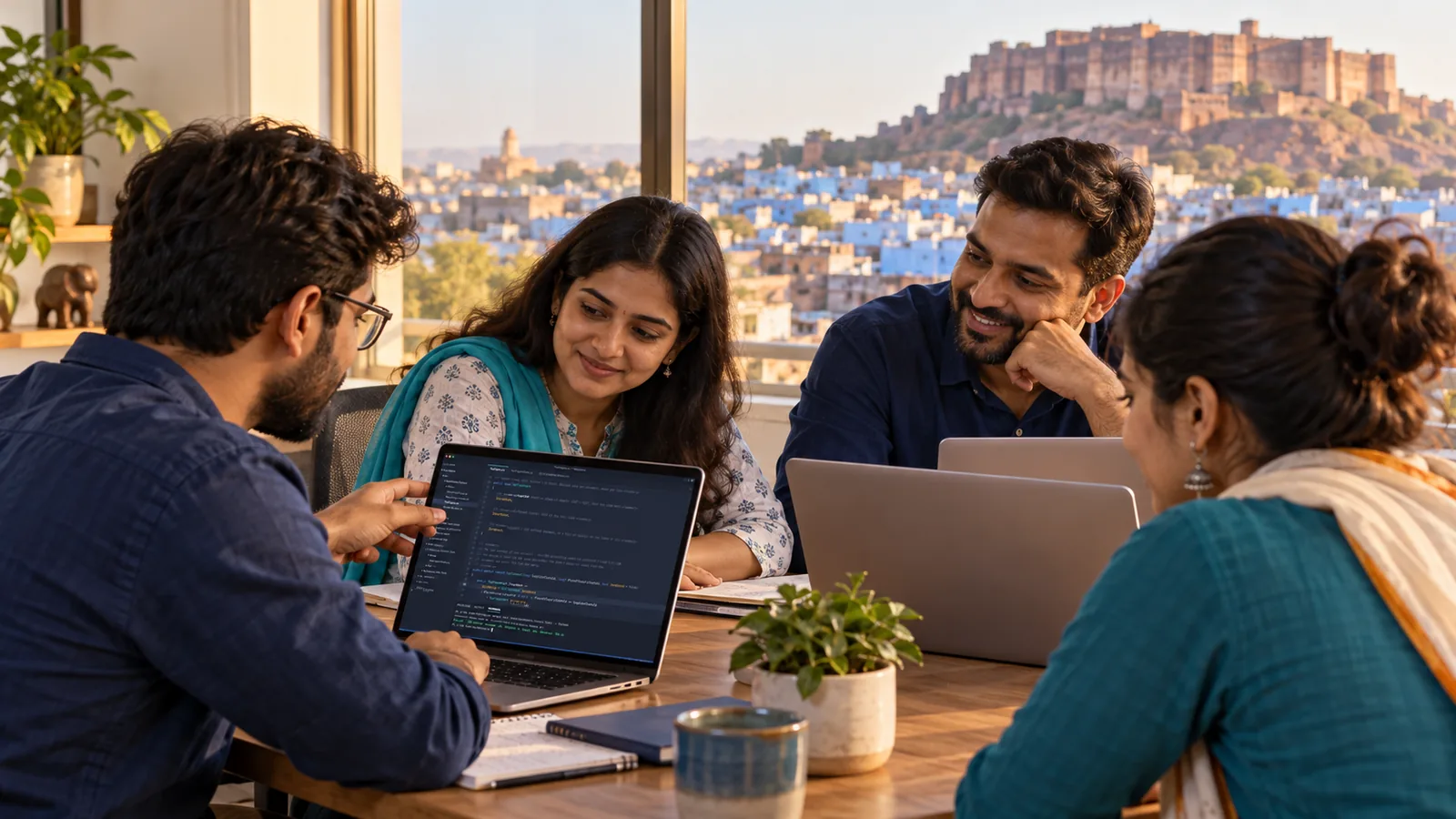 The KashGenie team at work in a bright office, Jodhpur's blue city visible through the window